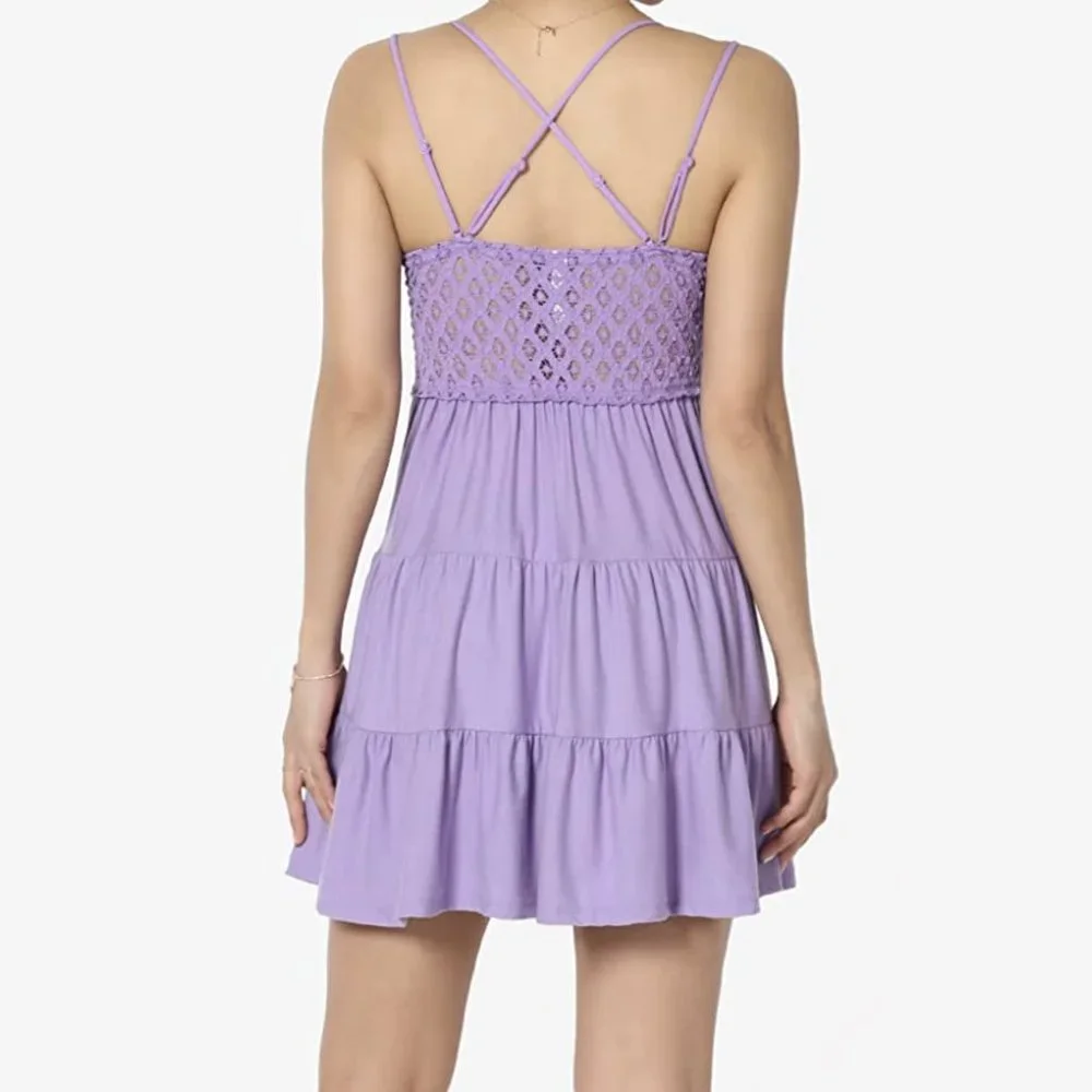 ❌SOLD❌Crochet Lace Cross Strap Ruffle Tiered Lavender Cami Tunic Top - Picture 3 of 5